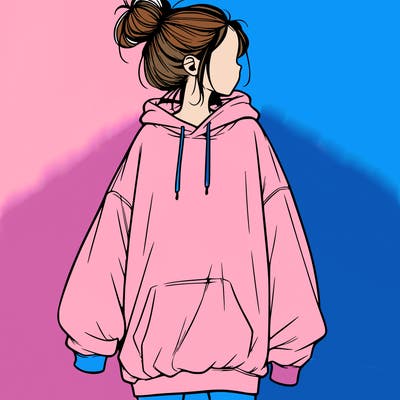 realistic girl with a oversized sweatshirt on and a bun