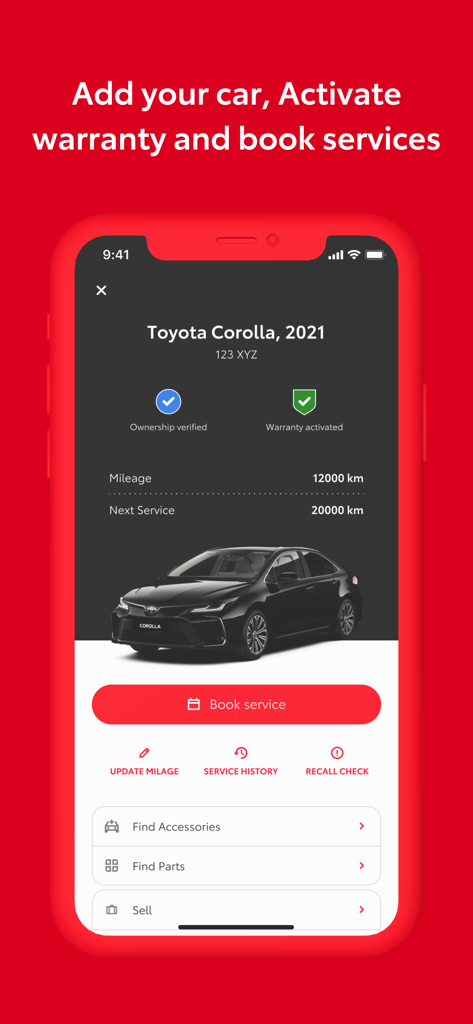 My Toyota EG - My Toyota EG app screenshot showing vehicle management features like service booking and warranty activation.
