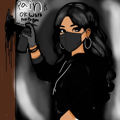 realistic girl with mask spray painting a wall