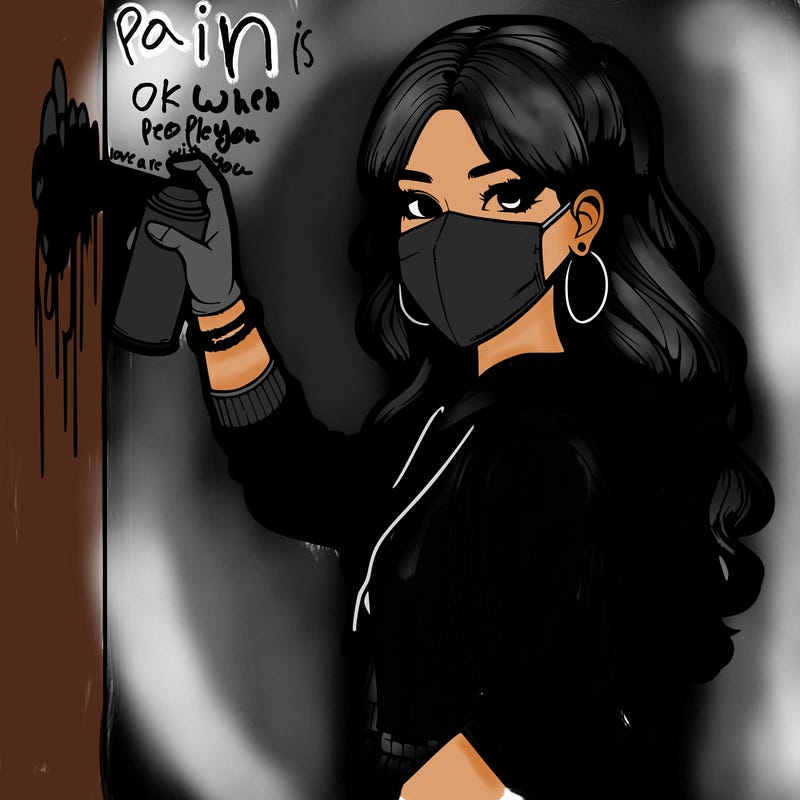 realistic girl with mask spray painting a wall