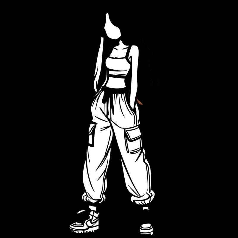 girl in baggy pants crop top and long hair