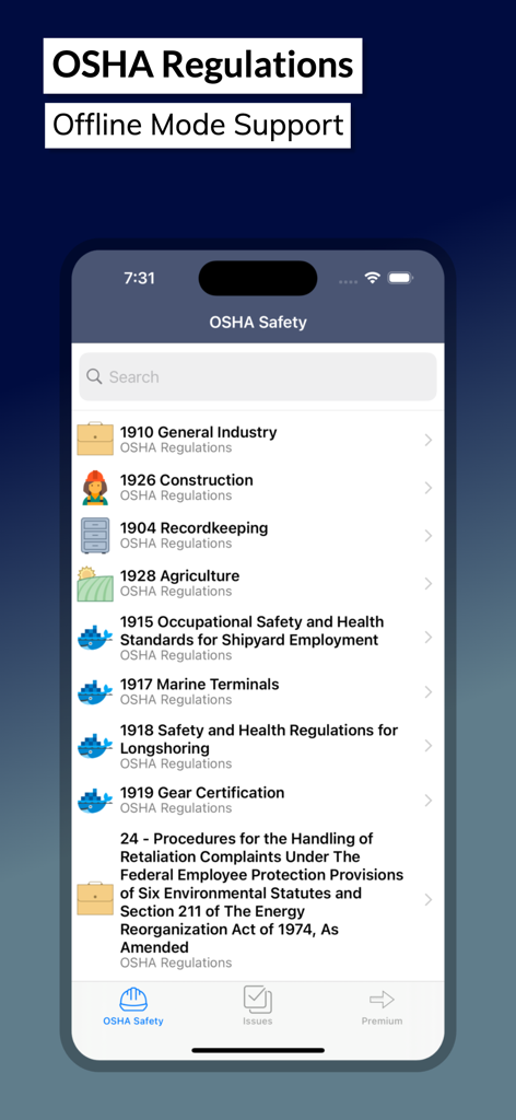 建設および海上を含むOSHA安全規制カテゴリとオフラインモードサポートの見出しが表示されたスマートフォンの画面。