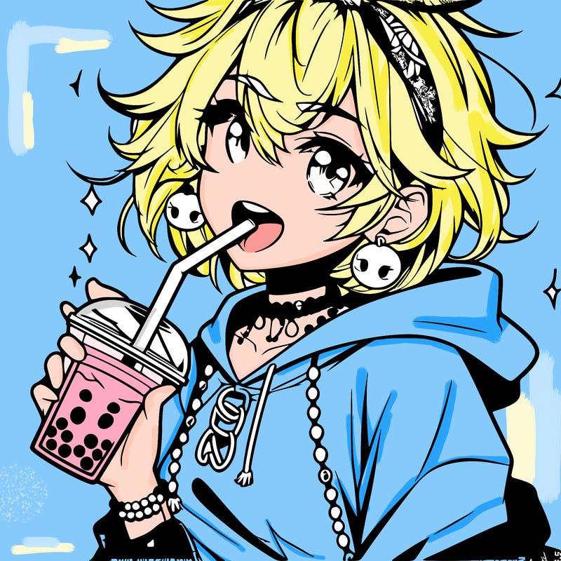 hot baddie anime girl drinking boba and biting the straw