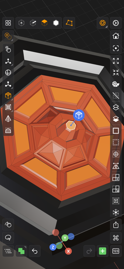 Interfaccia di modellazione mobile di Valence 3D che mostra strumenti professionali e una struttura geometrica arancione