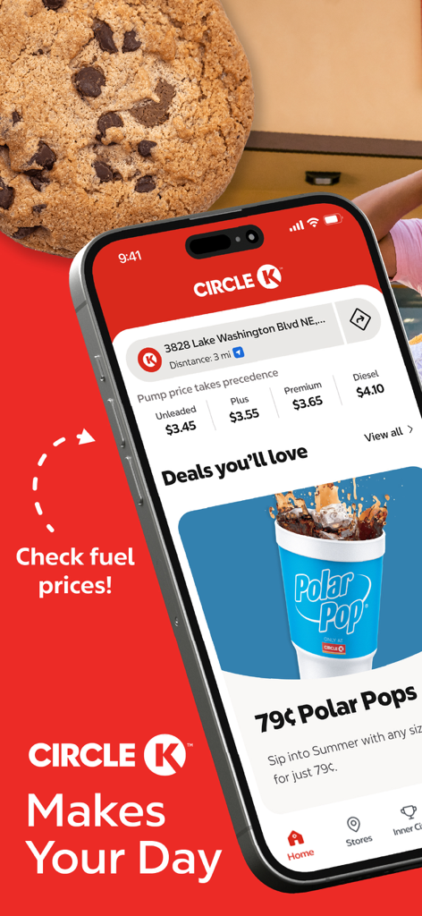 Circle K - Circle K mobile app showing local gas prices and a discount deal for Polar Pop drinks.