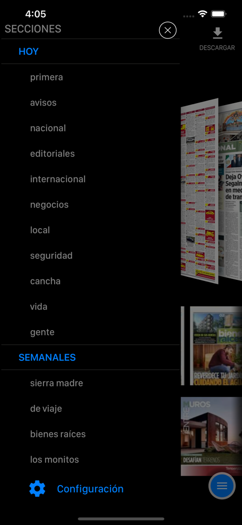 Una pantalla de aplicación móvil que muestra las categorías de noticias y el menú de suplementos semanales del periódico EL NORTE en modo oscuro.