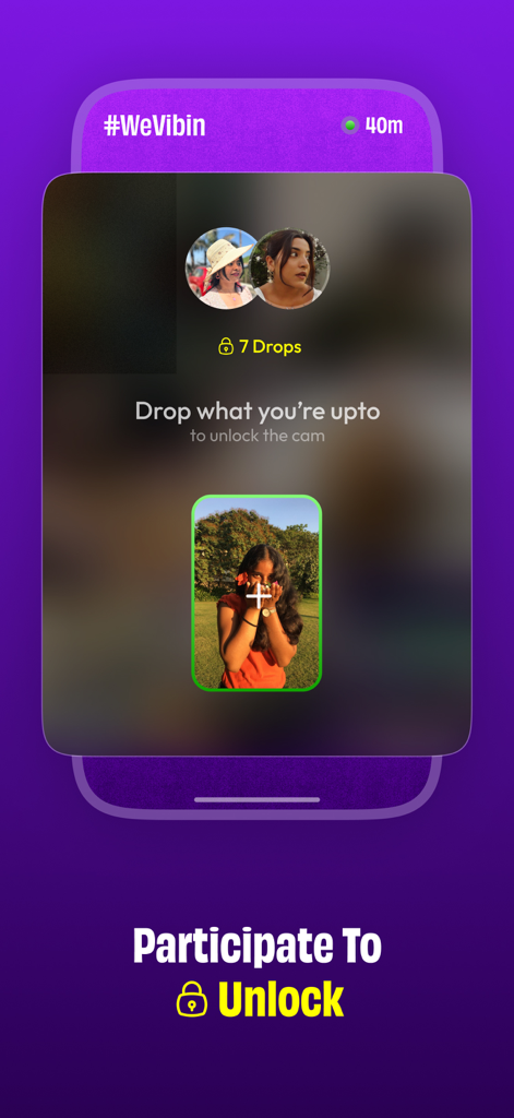 The Drop app interface showing a blurred group camera feed with a prompt to participate to unlock photos