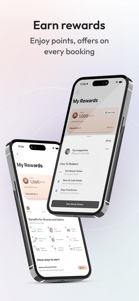 Two iPhones displaying the PETROMINit app My Rewards screen with loyalty points and vehicle service benefits