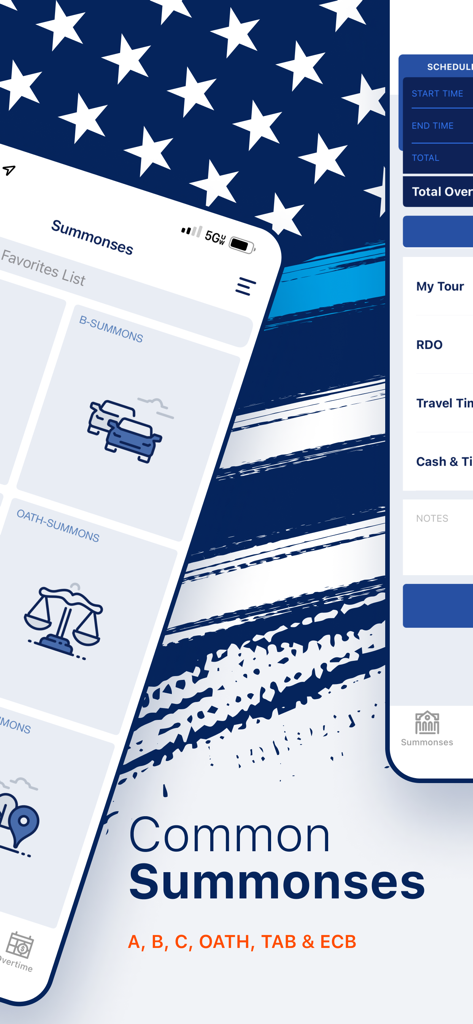 The Common Summonses interface of the Summons Partner plus app for law enforcement showing various summons categories