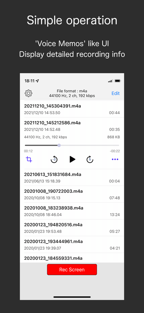 Audio Recorder - WAV, M4A - Recording list interface showing detailed audio file information and playback controls