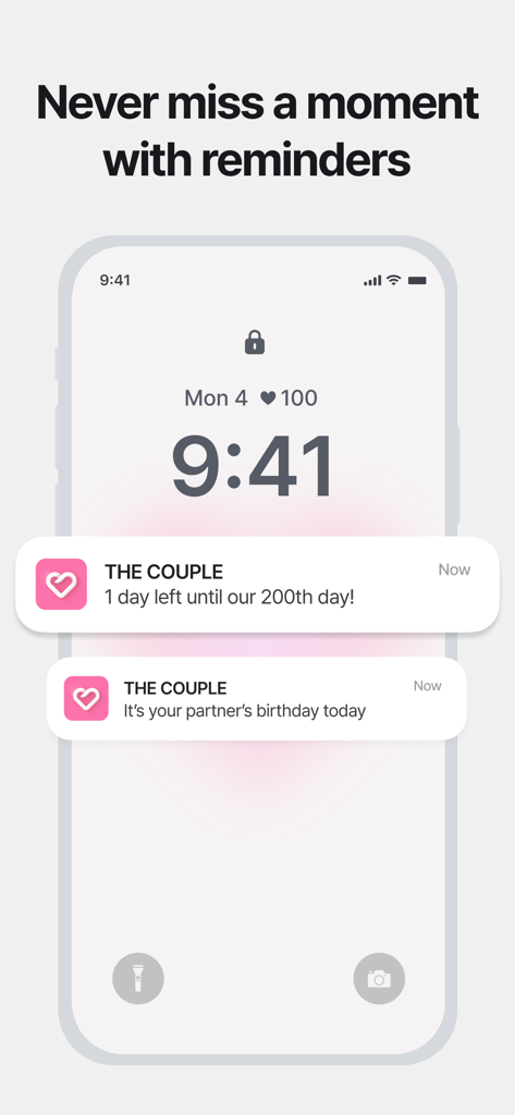 The Couple (Days in Love) - iPhone lock screen with app notifications for a 200-day anniversary and a partner's birthday from The Couple app.