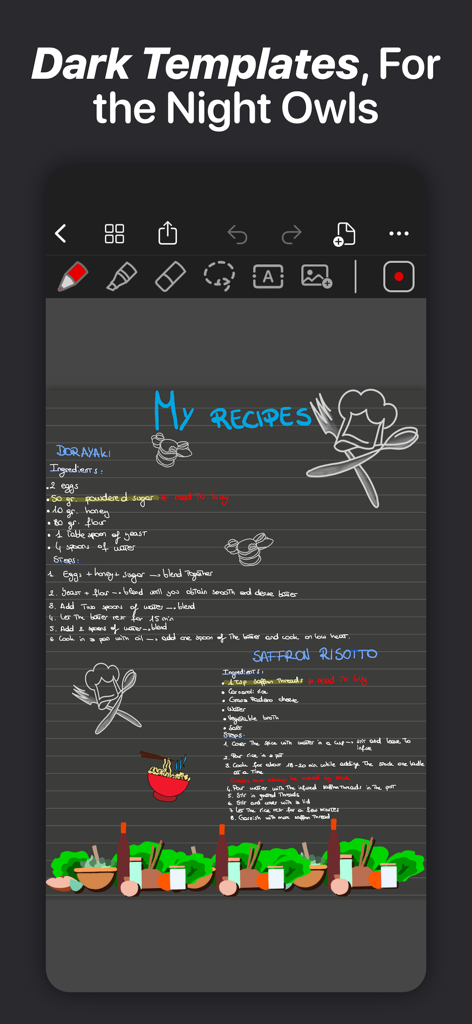 QuickNotes X: Notes, AI & PDF - Handwritten recipes and illustrations on a dark mode template in QuickNotes X