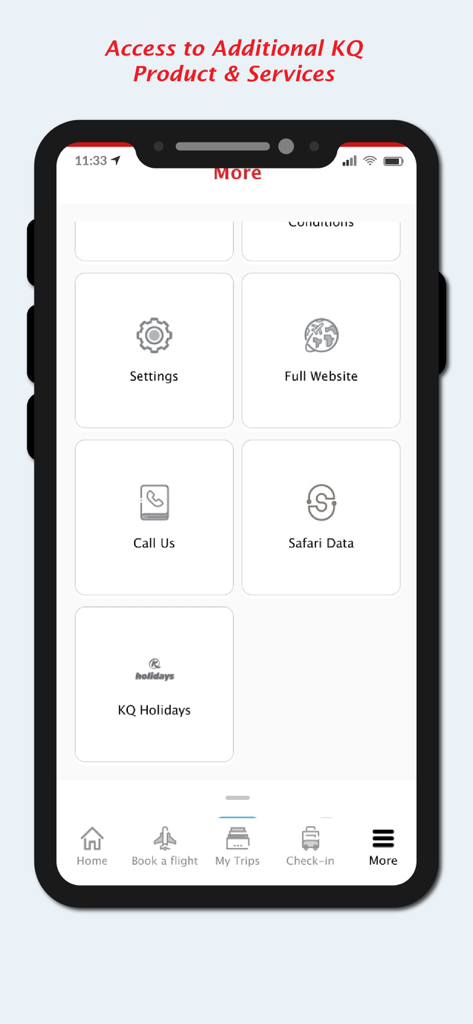 Kenya Airways - Kenya Airways mobile app More screen with tiles for settings website contact and safari services