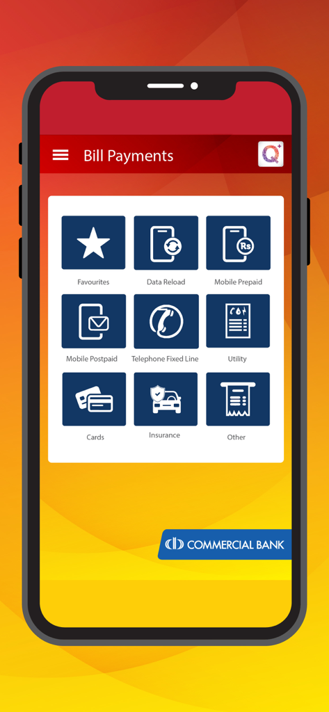 ComBank Q Plus app interface showing various bill payment categories including utility and mobile