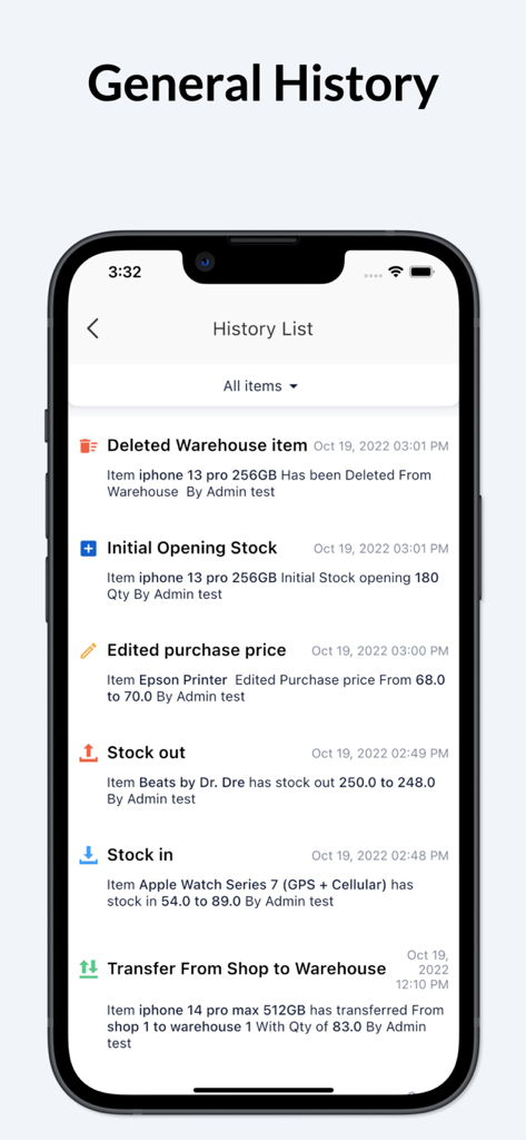 Naye Inventory Management App - Naye Inventory Management App screen showing a detailed history list of stock in and out movements