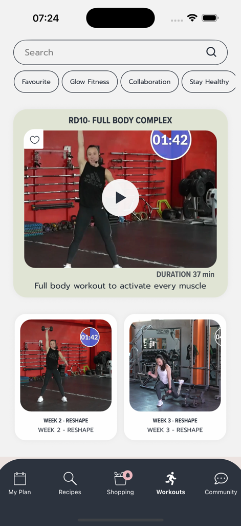 Glow by Rose - Glow by Rose app workout screen featuring a full body complex video and weekly reshape fitness programs