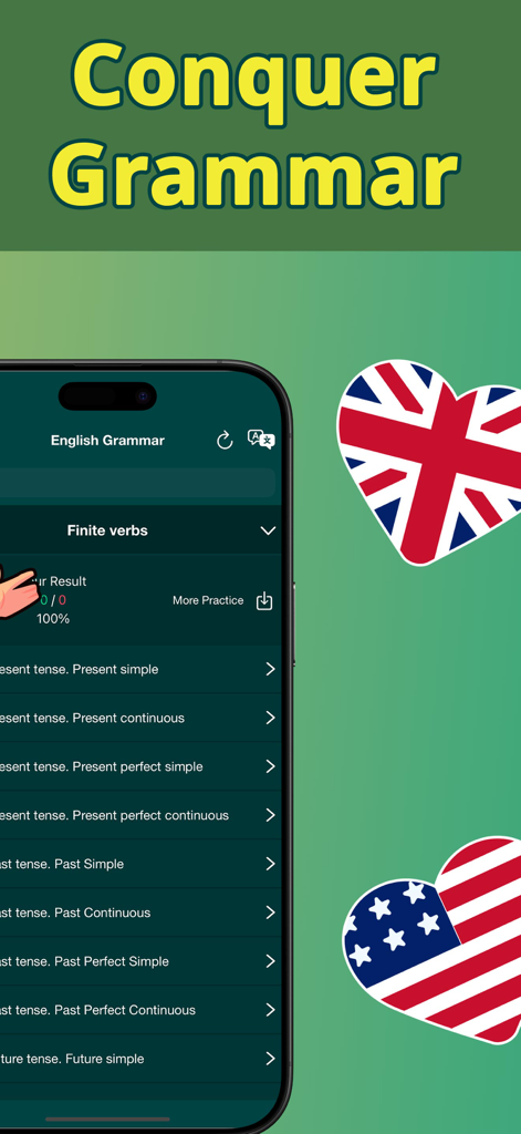 Speak English: Learn Verbs - Una pantalla de aplicación móvil que muestra una lista de tiempos verbales en inglés, incluyendo presente, pasado y futuro, para practicar gramática