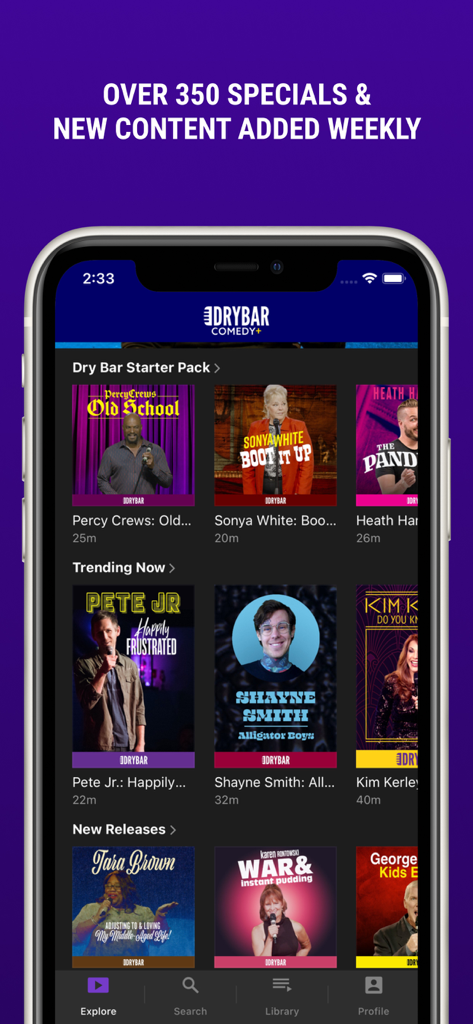 Dry Bar Comedy+ - A smartphone screen showing the Dry Bar Comedy plus app with a variety of family friendly stand up specials
