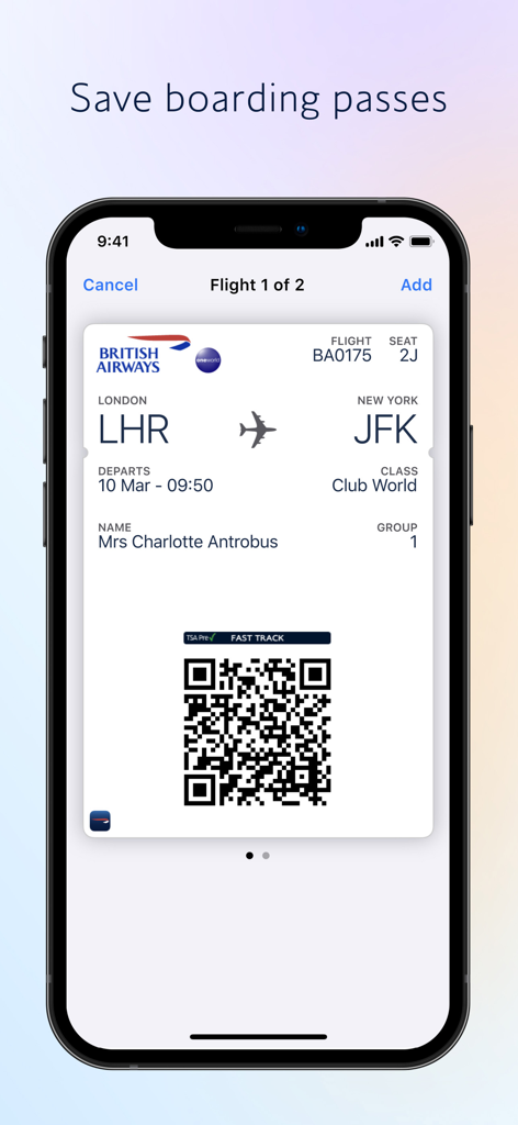 Digital boarding pass for a British Airways flight from London to New York displayed on a mobile phone