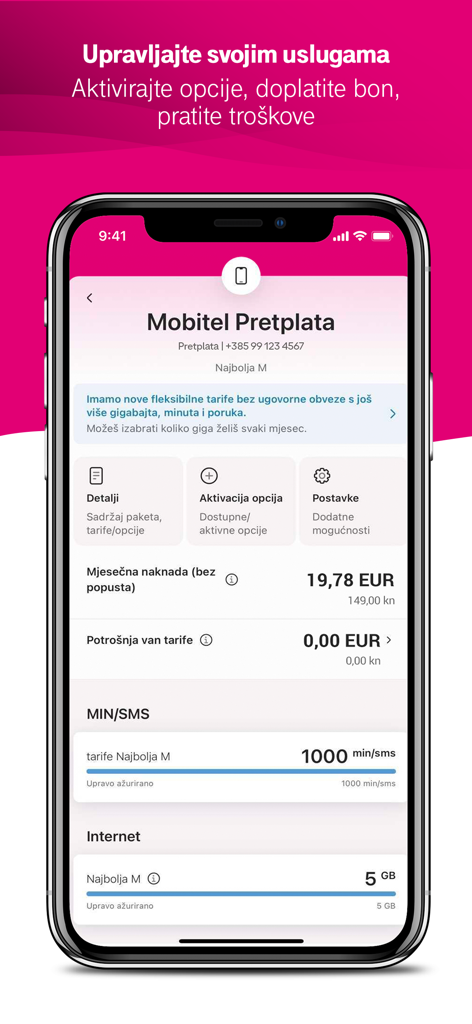 Interface of the Moj Telekom HR app displaying mobile subscription details and data usage on a smartphone.