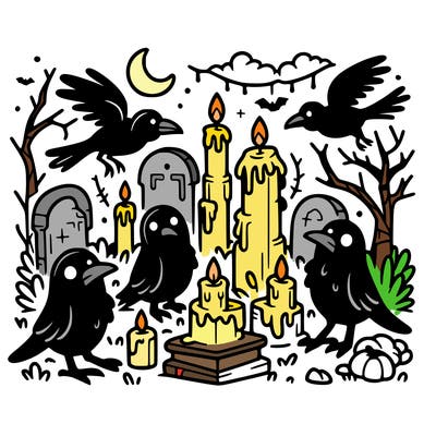 crows and candles in a graveyard