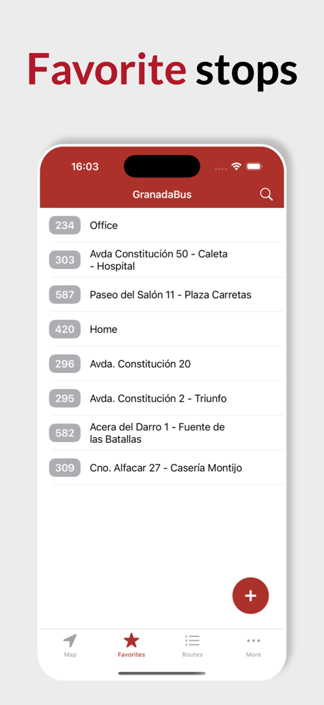 GranadaBus - 저장된 버스 위치 및 정류장 번호 목록이 표시된 즐겨찾기 정류장 화면을 보여주는 GranadaBus 앱 인터페이스