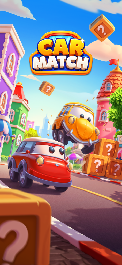 Colorful splash screen for Car Match Traffic Puzzle featuring stylized cartoon cars and a vibrant city background