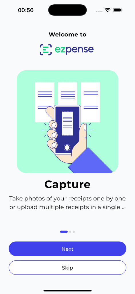Écran d'accueil de l'application Ezpense montrant la fonction de capture de reçus avec une illustration d'une main numérisant des reçus papier.