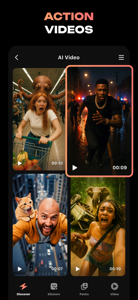 Hula AI: Photo & Video Creator - Hula AI app screen displaying cinematic AI generated action videos with dramatic scenes