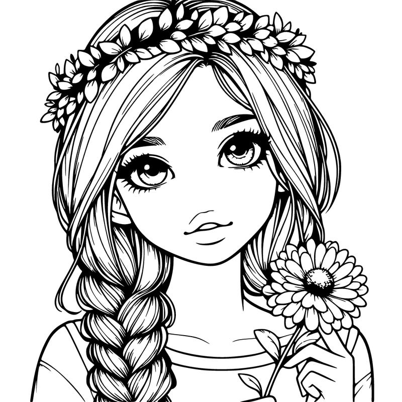 realistic girl with braided hair holding a flower wearing a flower crown