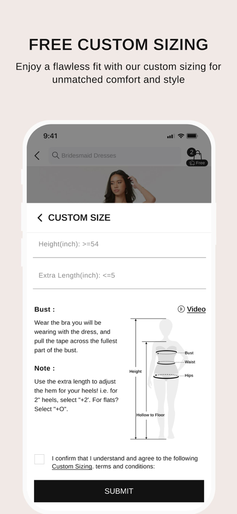 Interfaz de la aplicación Azazie para enviar medidas personalizadas de vestidos con una guía de diagramas.