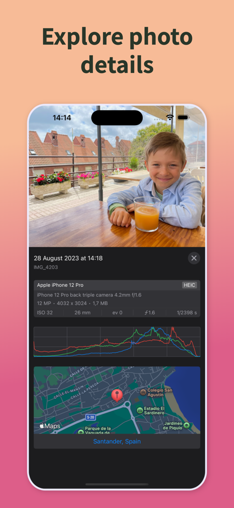 PhotoSweeper Mobile - Detailed photo metadata and location map in PhotoSweeper Mobile