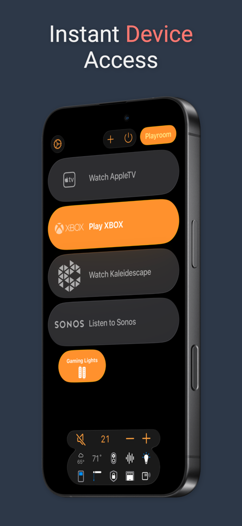 Roomie Remote X app on iPhone showing instant device access dashboard for Apple TV, Xbox, and smart home controls.