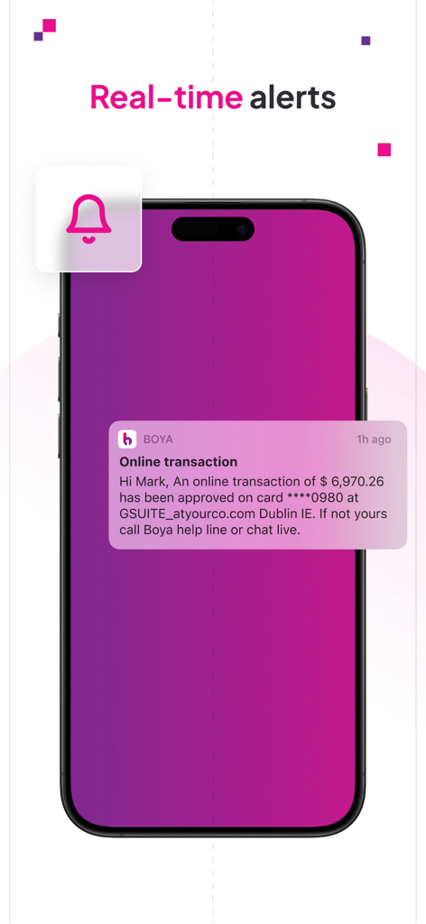 Boya - Teléfono inteligente que muestra una notificación de transacción en línea en tiempo real de la aplicación financiera empresarial Boya