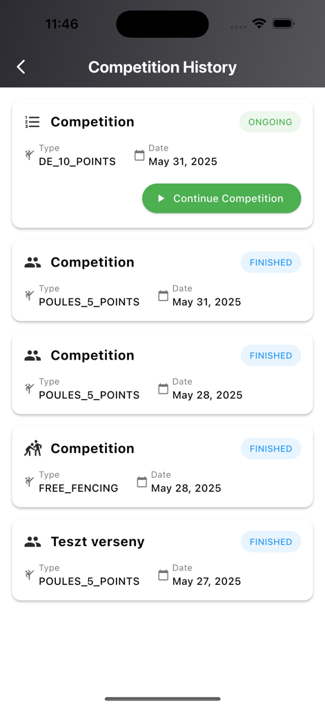 Clawer - Clawer app competition history screen showing lists of ongoing and finished fencing matches