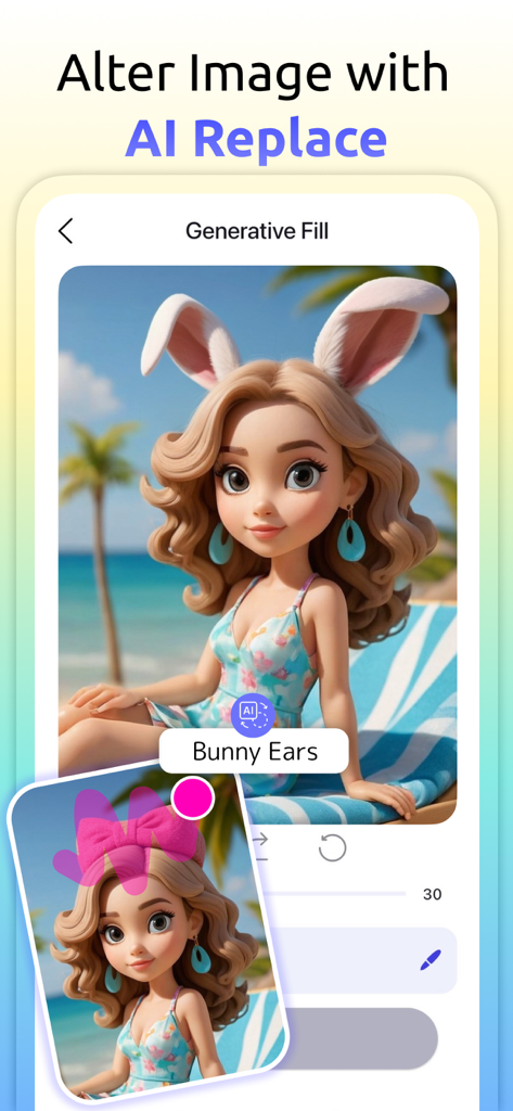 YouCam AI Pro App-Oberfläche, die die Funktion KI-Ersetzen demonstriert, um ein Accessoire einer 3D-Figur von einer rosa Schleife in Hasenohren zu ändern.