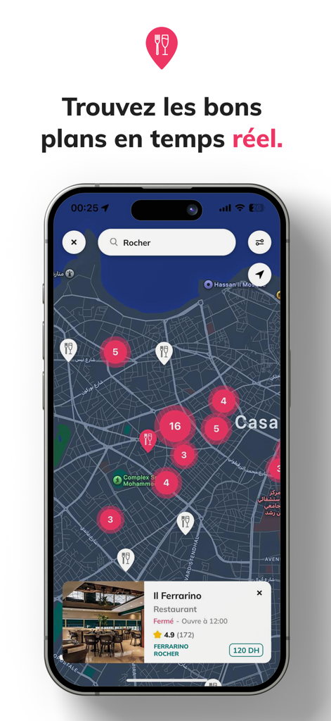 Smartphone displaying the Pinjoy app with an interactive map showing restaurant and club locations in real-time
