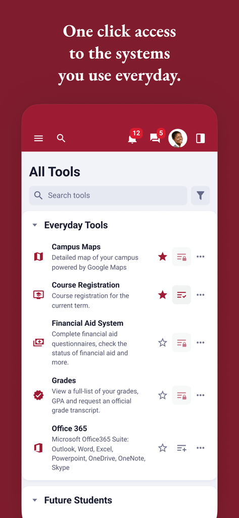 Screenshot of the myBYUH app showing everyday university tools like campus maps, course registration, and grades.