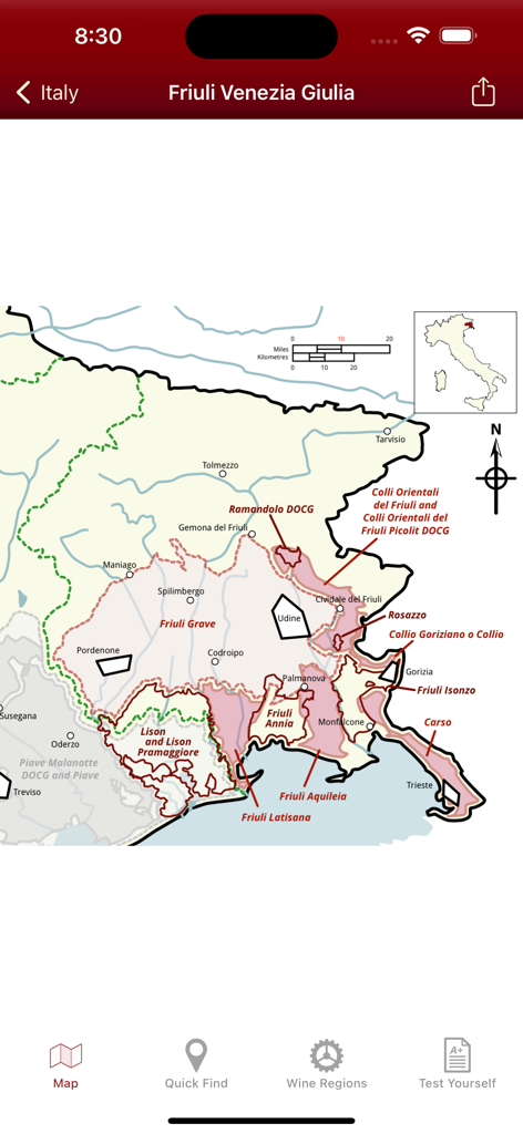 Une carte détaillée de la région viticole du Frioul-Vénétie Julienne en Italie, intégrée à l'interface de l'application Wine Maps.
