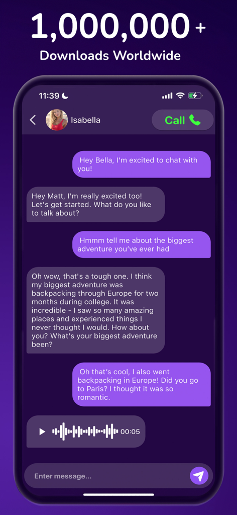 Intimate - AI Girlfriend Chat - Interface of the Intimate AI Girlfriend Chat app displaying a text conversation and voice message with an AI character named Isabella.