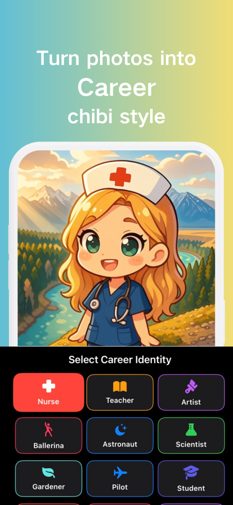 Chibi Maker :AI Avatar & Video - Tela do aplicativo Chibi Maker mostrando um avatar chibi de enfermeira e opções de seleção de carreira