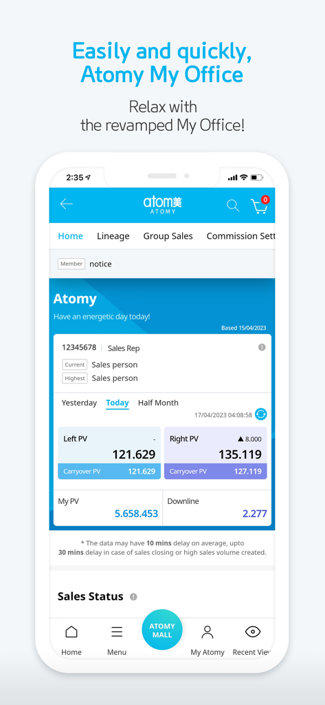 [Official] Atomy shop - アトミマイオフィスアプリのダッシュボード。PVポイントと売上データが表示されています。