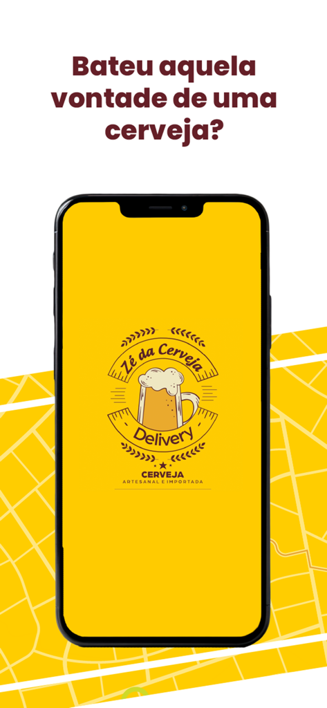 Pantalla de inicio de la aplicación Ze da Cerveja Delivery con un logo de jarra de cerveza sobre un fondo amarillo brillante