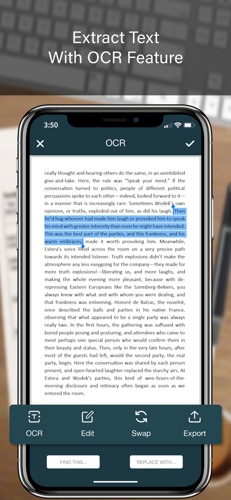 Écran de smartphone affichant la fonction OCR de l'application Pro Scanner extrayant du texte d'un document