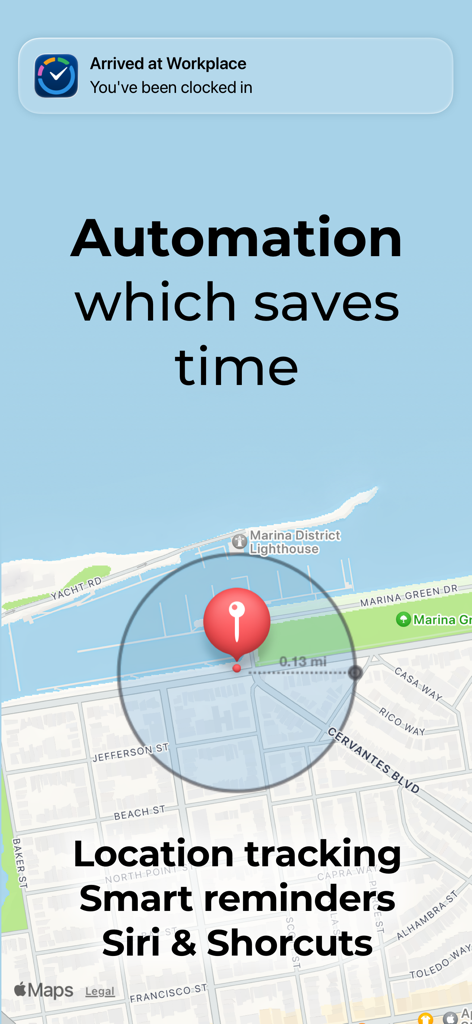 Clock in clock out: Flexishift - Map interface showing geofencing for automatic workplace clock-in and a notification confirming arrival.