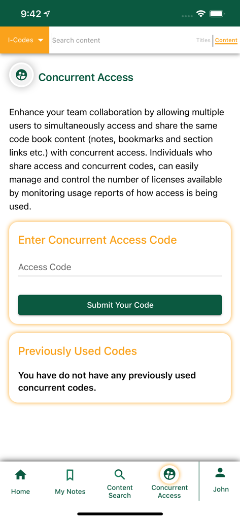 The concurrent access screen in the ICC Digital Codes app allowing users to enter a code for team collaboration and shared license usage