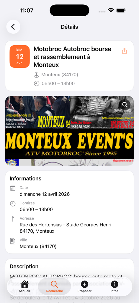 Vide-greniers et brocantes - Detail view of a vintage market event in Monteux within the Vide-greniers app