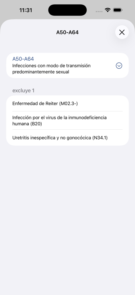 cie10-es - A screen from the cie10-es app displaying Spanish medical codes for sexually transmitted infections