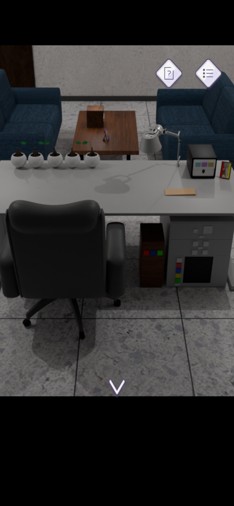 Escape Room President’s Office - A top-down view of an office desk with a chair and sofas in the Escape Room President's Office puzzle game