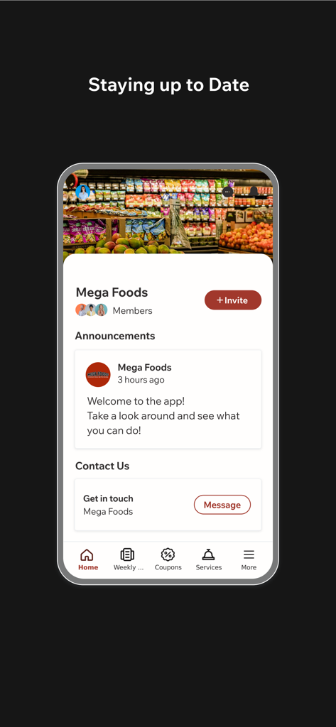 The home screen of the My Mega Foods mobile app featuring store announcements and contact information.